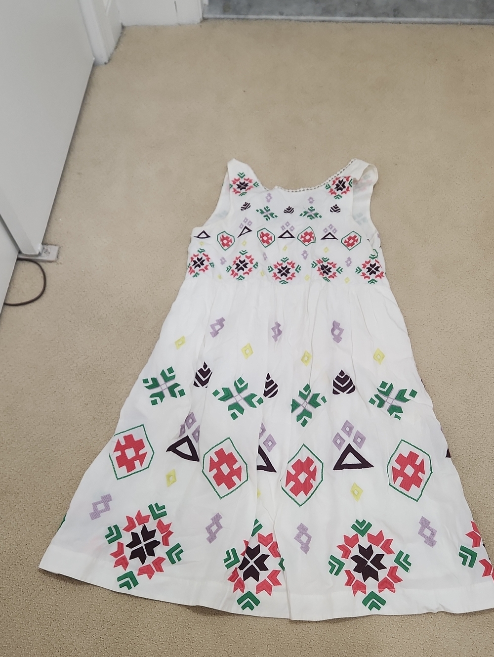 Anthropologie White Sleeveless Dress with Green, Red, Purple & Yellow Embroidery